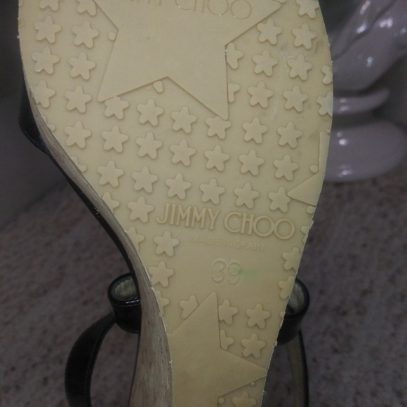 Jimmy Choo Portia 70 Black Patent Leather Cork Platform Wedge Heeled Sandals - Picture 10 of 11